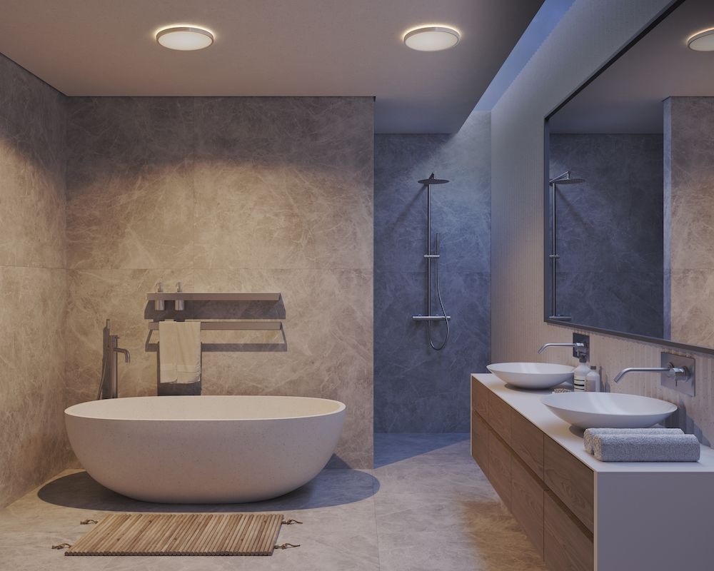 Nowoczesna lampa sufitowa Oja 42 w kolorze chromu, odporna na wilgoć (IP54) z możliwością wyboru barwy światła 3000K lub 4000K