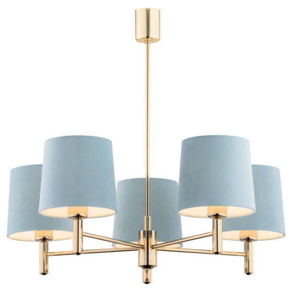 lumigo okazaly zyrandol ponte 5 w zlotym kolorze z blekitnymi abazurami 1