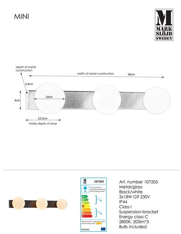 Podłużny kinkiet łazienkowy Mini z szklanymi kloszami i klasą szczelności IP44