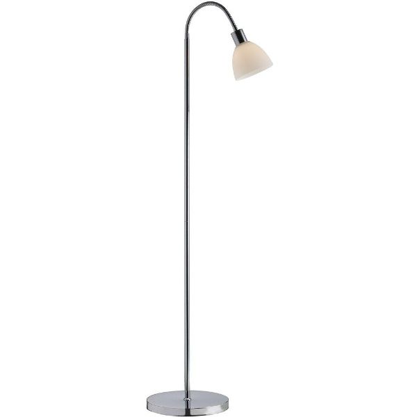 Srebrna lampa podłogowa Ray od Nordlux z eleganckim szklanym kloszem
