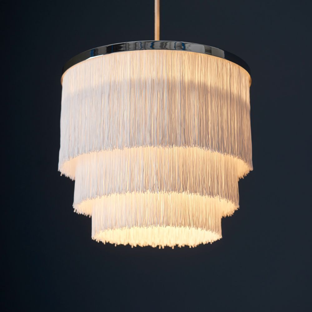 Srebrna wisząca lampa Alabaster z białymi sznurkami