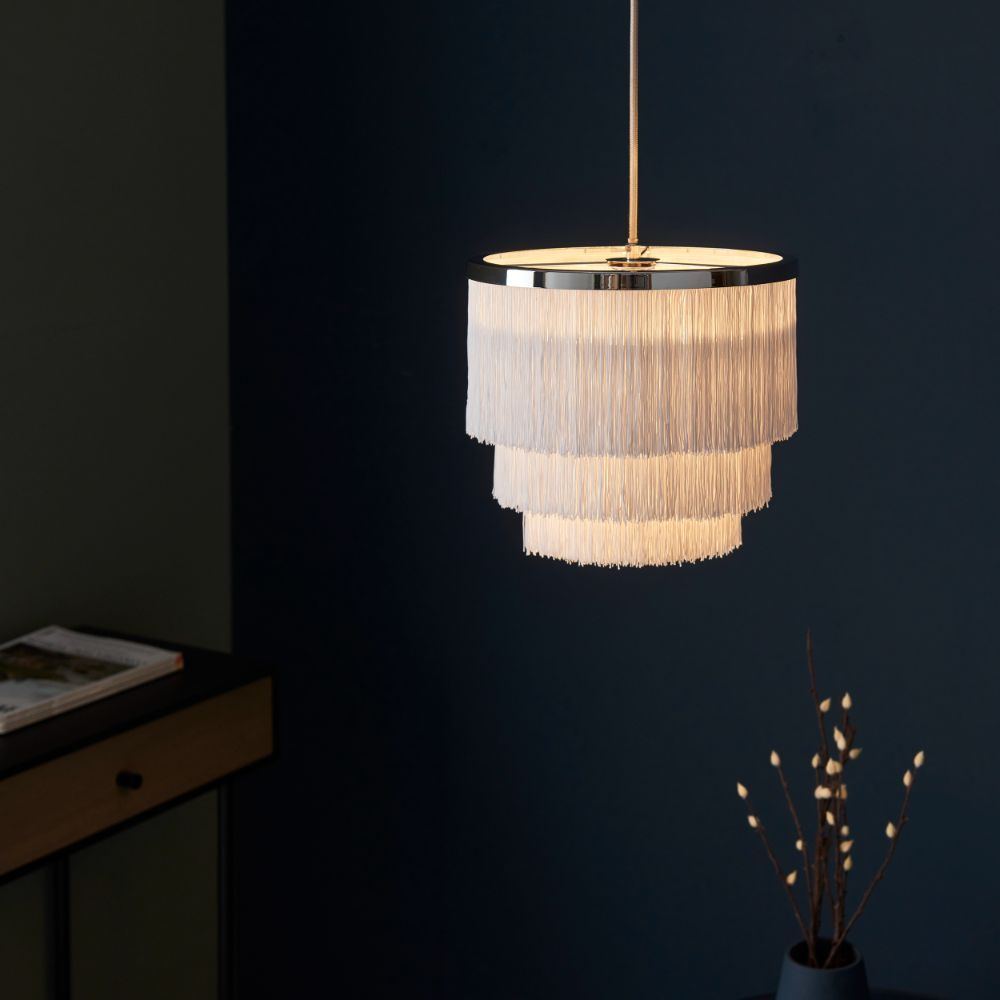 Srebrna wisząca lampa Alabaster z białymi sznurkami