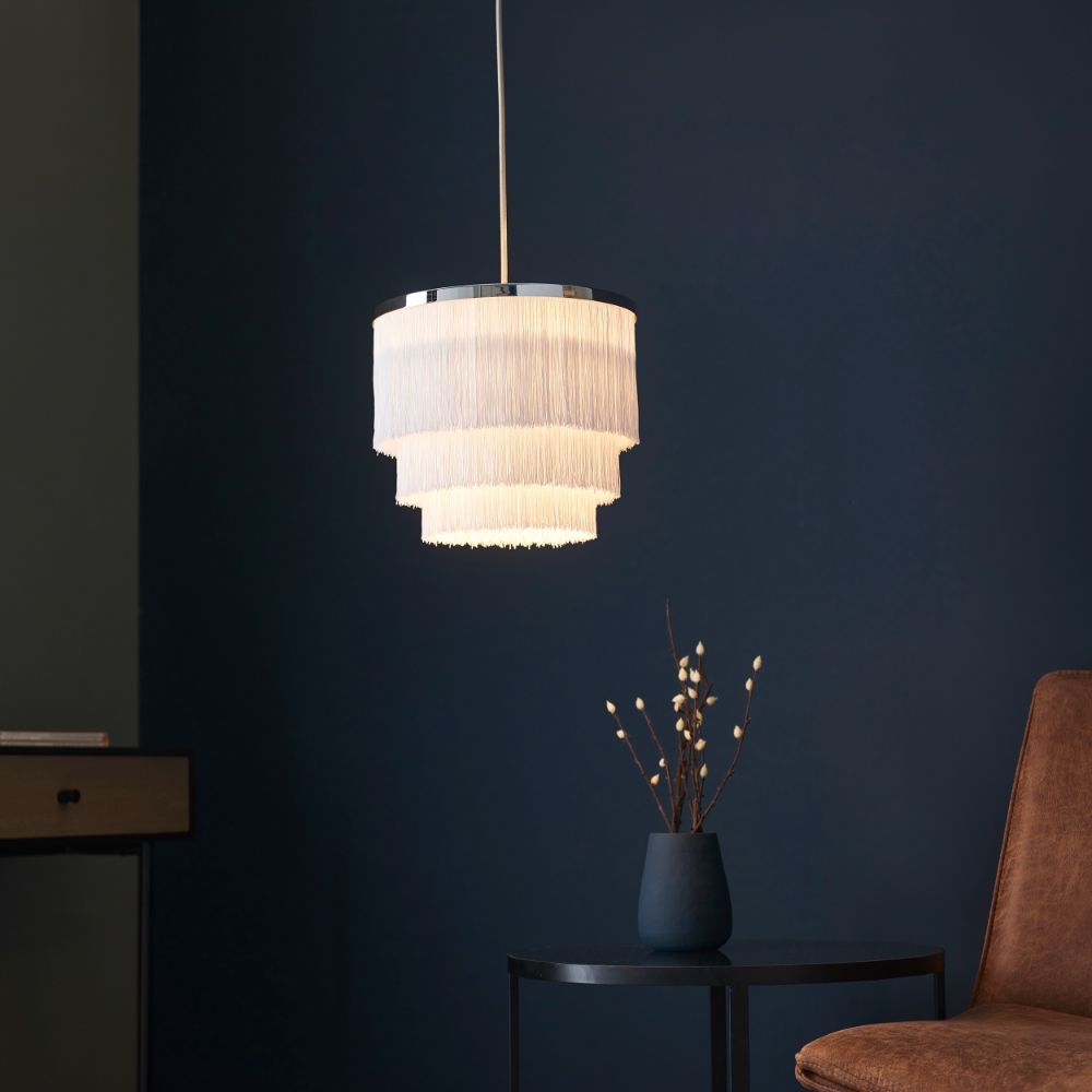 Srebrna wisząca lampa Alabaster z białymi sznurkami