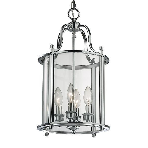 Srebrna wisząca lampa New York z czterema punktami świetlnymi i szklanym kloszem