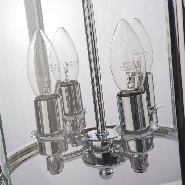 Srebrna wisząca lampa New York z czterema punktami świetlnymi i szklanym kloszem