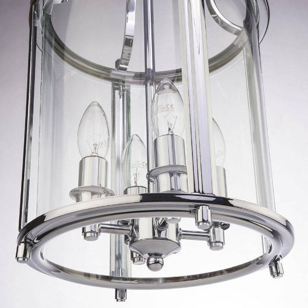 Srebrna wisząca lampa New York z czterema punktami świetlnymi i szklanym kloszem