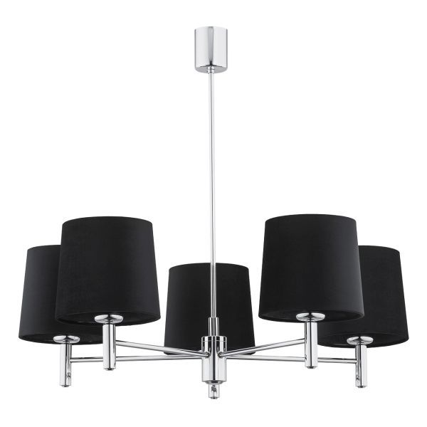 Srebrny żyrandol Bolzano z pięcioma czarnymi abażurami