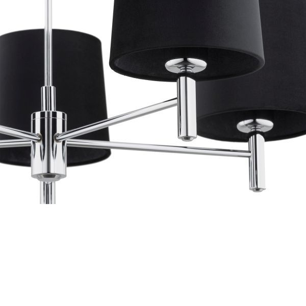 Srebrny żyrandol Bolzano z pięcioma czarnymi abażurami