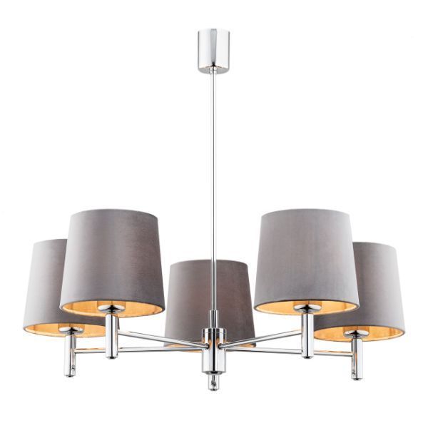 Srebrny żyrandol Bolzano z szarymi, welurowymi abażurami
