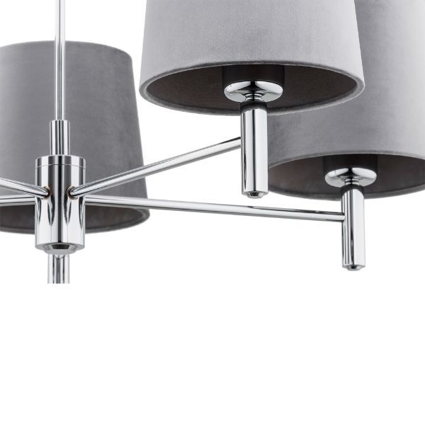 Srebrny żyrandol Bolzano z szarymi, welurowymi abażurami