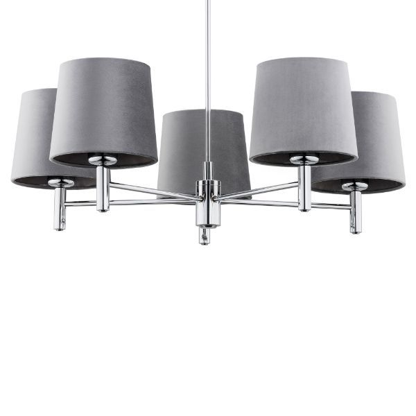 Srebrny żyrandol Bolzano z szarymi, welurowymi abażurami