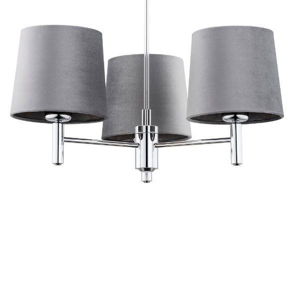 Srebrny żyrandol Bolzano z trzema punktami światła i welurowymi abażurami