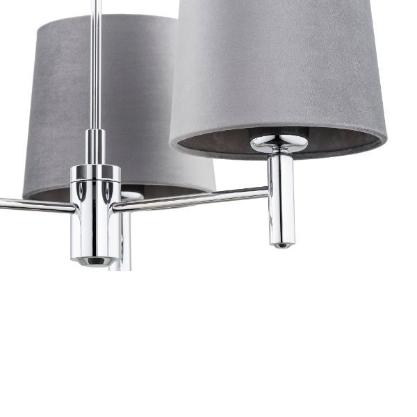 Srebrny żyrandol Bolzano z trzema punktami światła i welurowymi abażurami