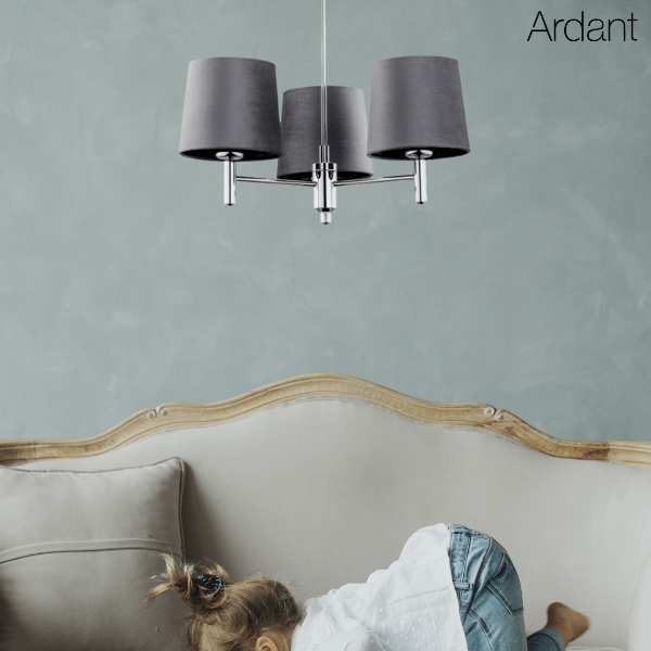 Srebrny żyrandol Bolzano z trzema punktami światła i welurowymi abażurami