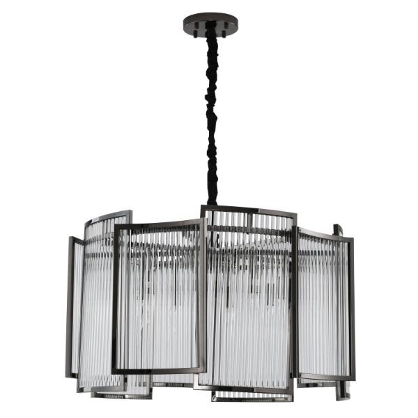 Luksusowa, duża lampa wisząca z ryflowanego szkła Imperio o średnicy 80 cm z czarną, geometryczną metalową konstrukcją, zawieszona na dekoracyjnym skręconym przewodzie, idealna do eleganckich salonów i hoteli.