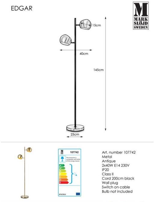 Stylowa lampa podłogowa Edgar z dwoma kloszami w odcieniu złotej patyny