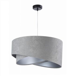 Nowoczesna lampa wisząca Galaxy z szarym welurowym abażurem o unikalnym, asymetrycznym kształcie i eleganckim srebrnym wnętrzu.