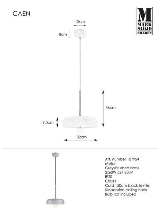Szara wisząca lampa Caen z eleganckim złotym mocowaniem