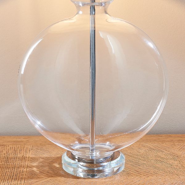 Szklana lampa stołowa Gideon z materiałowym abażurem