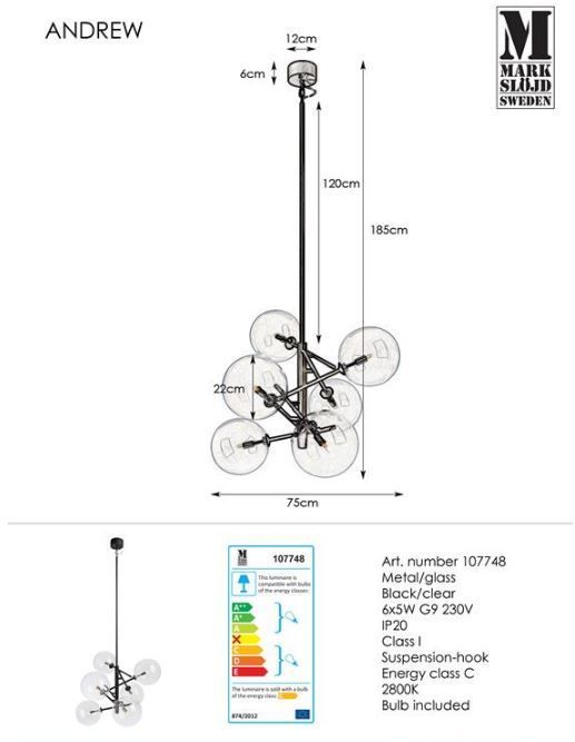 Wisząca lampa Andrew w czarnym kolorze z szklanymi kloszami