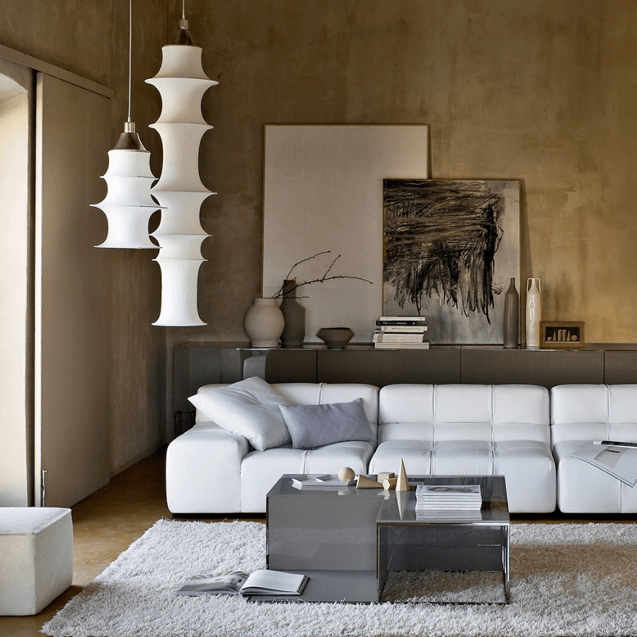 Wisząca lampa Falkland w białym kolorze, wykonana z tkaniny, wysokość 85 cm