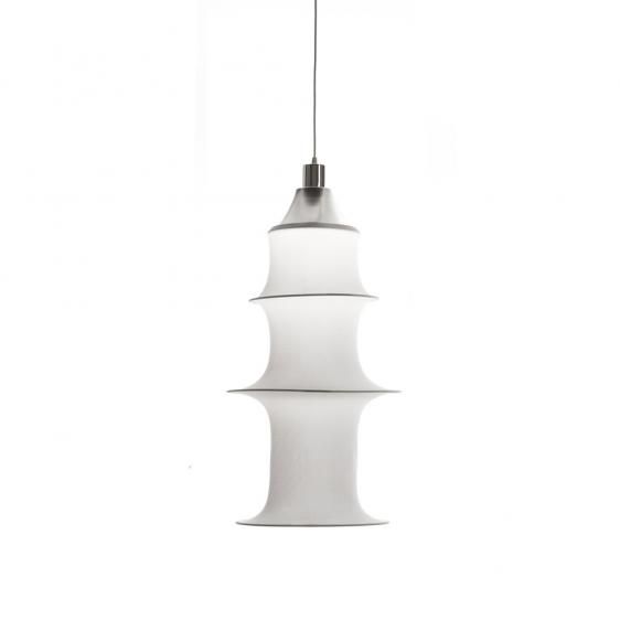 Wisząca lampa Falkland w białym kolorze, wykonana z tkaniny, wysokość 85 cm