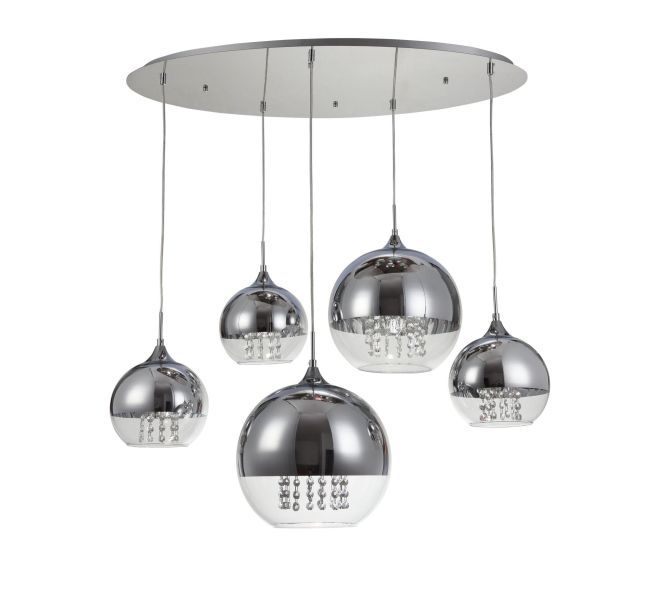 Wisząca lampa Fermi z pięcioma kulistymi kloszami wykonanymi ze szkła i metalu, ozdobiona kryształami