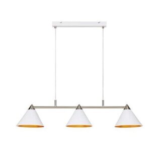Wisząca lampa Klint Markslojd z trzema białymi stożkowymi kloszami ze złotym wnętrzem na chromowanej belce.