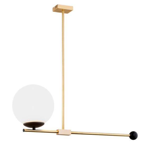 Wisząca lampa Megan w złotym kolorze z mleczną kulą
