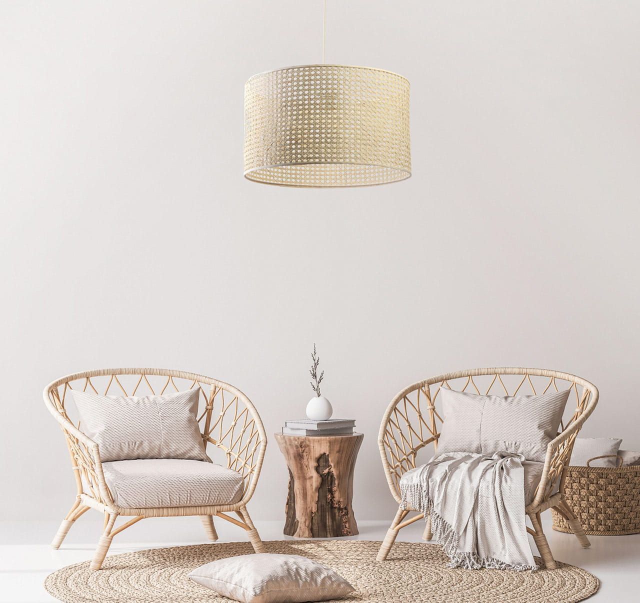 Wisząca lampa Meissa w stylu boho z plecionki z palmy rotangowej