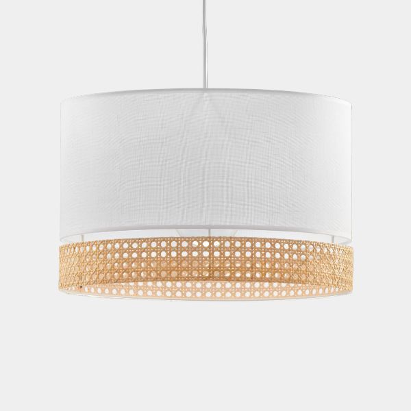 Wisząca lampa Paglia M z białym abażurem i rattanowymi akcentami