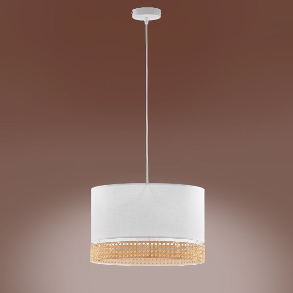 Wisząca lampa Paglia M z białym abażurem i rattanowymi akcentami