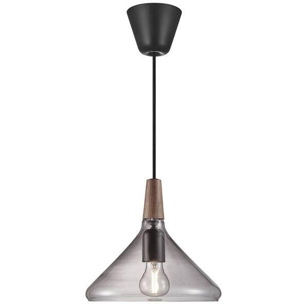 Lampa wisząca szklana Nori 27 posiadająca szary transparentny klosz, drewniany detal, stożkowa do żarówki E27, do kuchni, jadalni, nad stół.