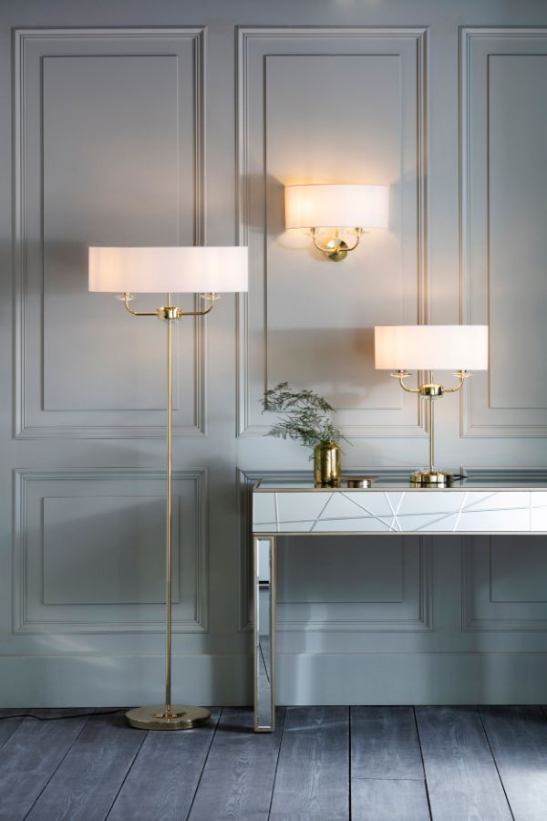 Wyprzedaż! Oryginalna biała i złota lampa podłogowa Nixon od Endon Lighting