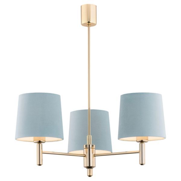 Złoty żyrandol Ponte 3 z abażurami w odcieniu błękitu