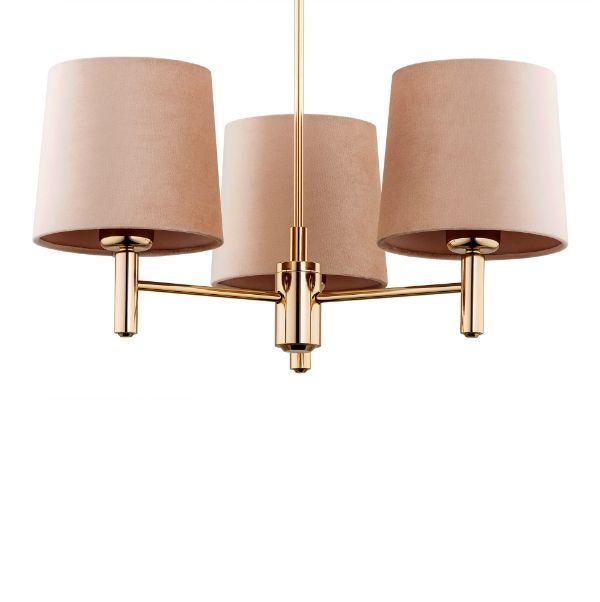 Złoty żyrandol Ponte 3 z welurowymi, beżowymi abażurami