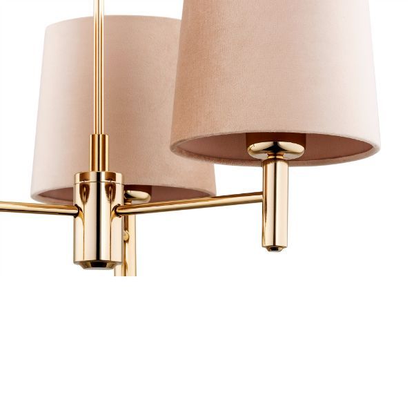 Złoty żyrandol Ponte 3 z welurowymi, beżowymi abażurami