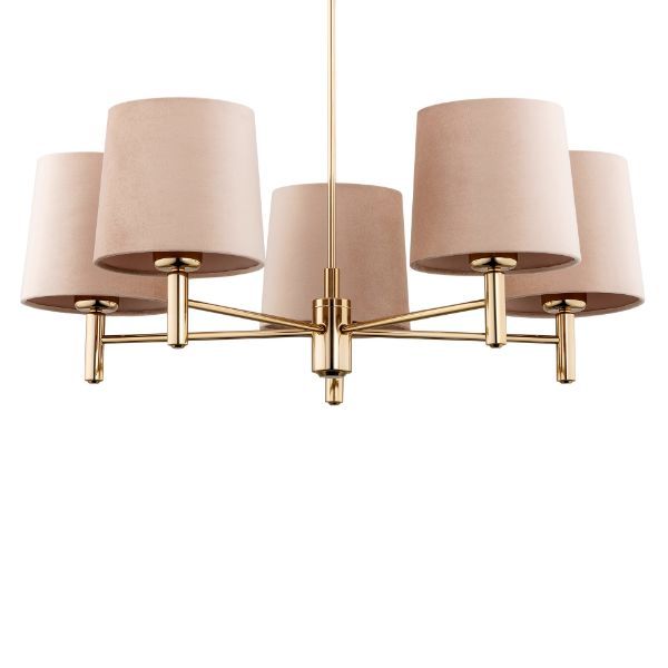 Złoty żyrandol Ponte 5 z beżowymi welurowymi abażurami