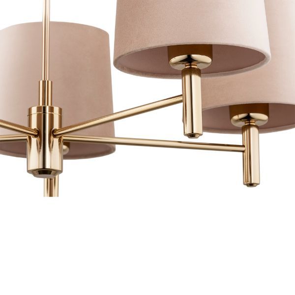 Złoty żyrandol Ponte 5 z beżowymi welurowymi abażurami