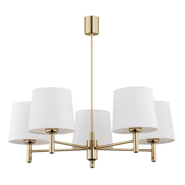 Złoty żyrandol Ponte 5 z białymi, welurowymi abażurami