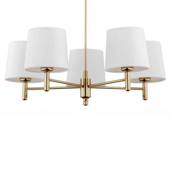 Złoty żyrandol Ponte 5 z białymi, welurowymi abażurami