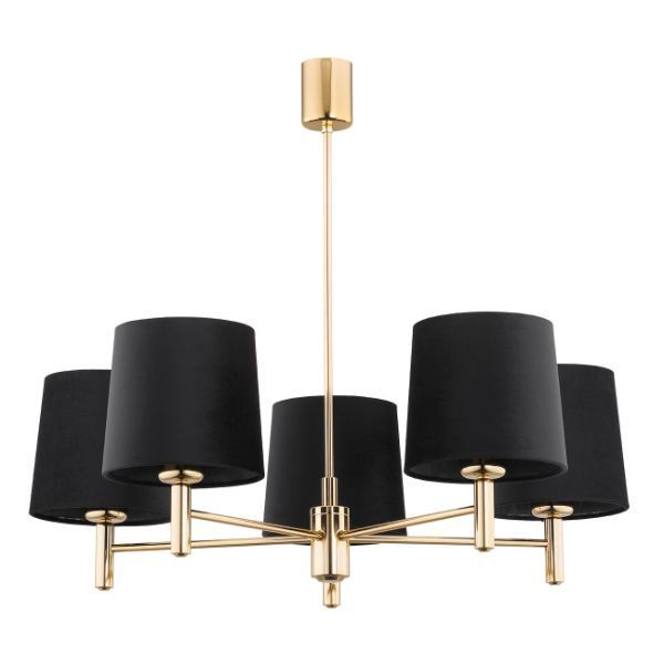 Złoty żyrandol Ponte 5 z welurowymi czarnymi abażurami