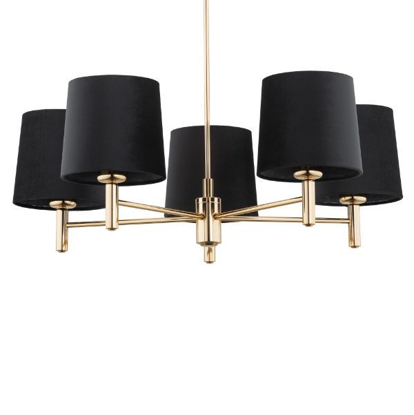 Złoty żyrandol Ponte 5 z welurowymi czarnymi abażurami