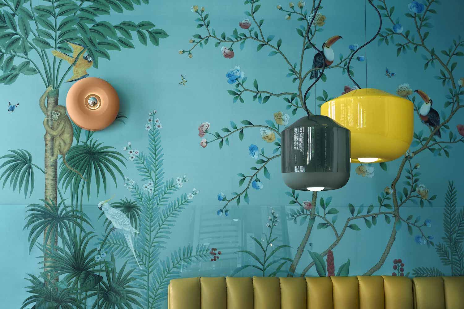 Żółta wisząca lampa Bellota M z ceramicznym kloszem