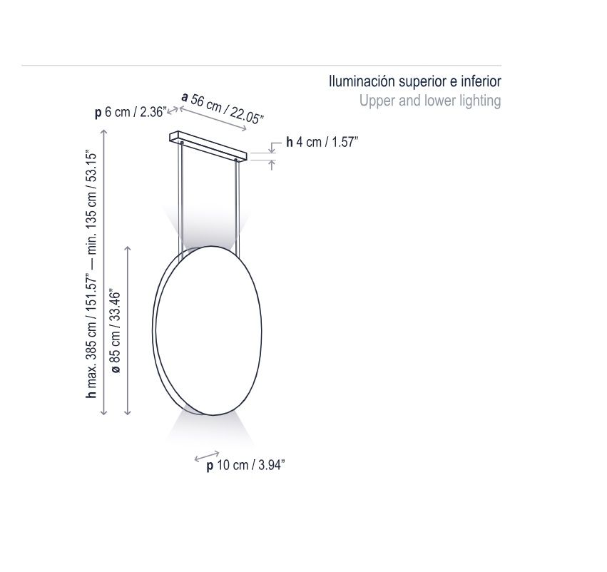 Jasnoszara wisząca lampa Noren S/85 emitująca światło w górę i w dół
