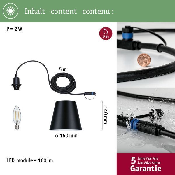 Wisząca lampa Kofia Plug&Shine, wodoodporna IP44, idealna na taras
