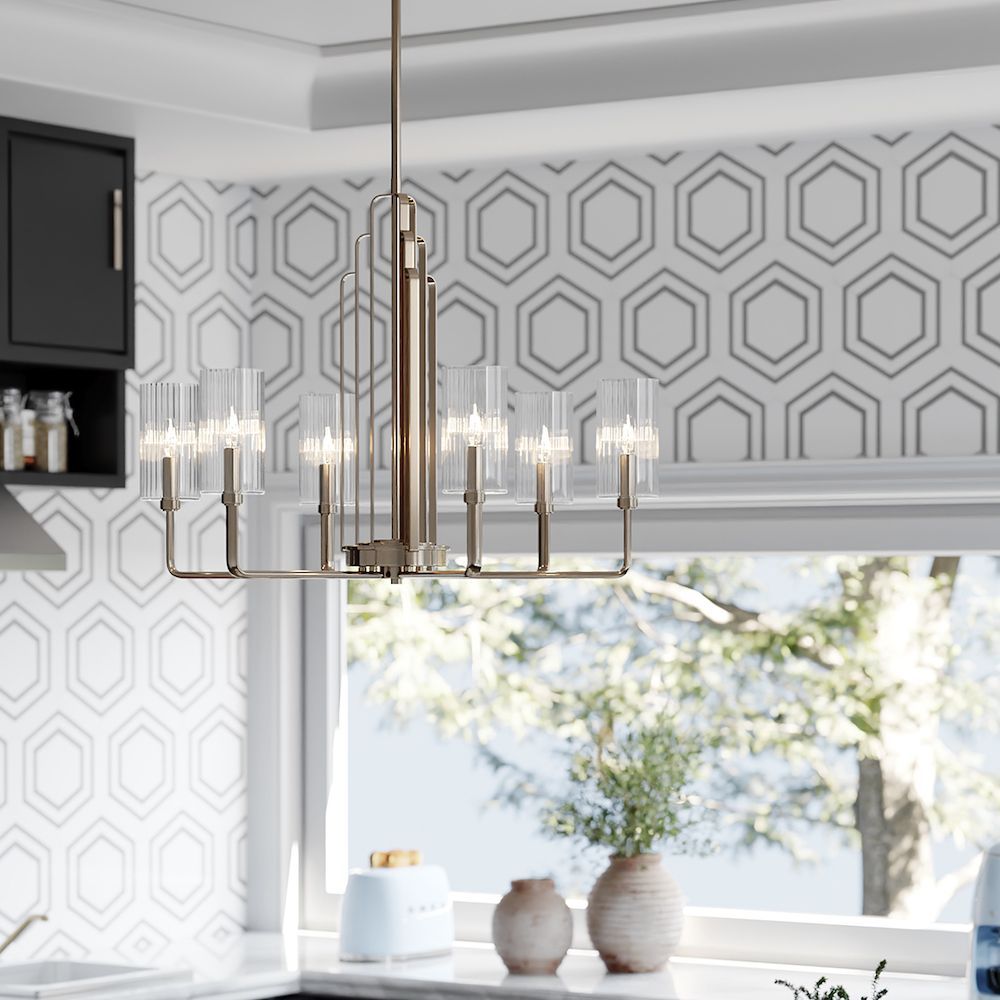 Żyrandol Kimrose z żebrowanego szkła o wyglądzie polerowanego niklu