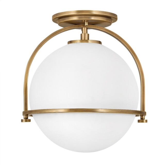 Złota lampa sufitowa Somerset, biały kulisty klosz, styl hampton, mosiężna oprawa, do kuchni, sypialni.