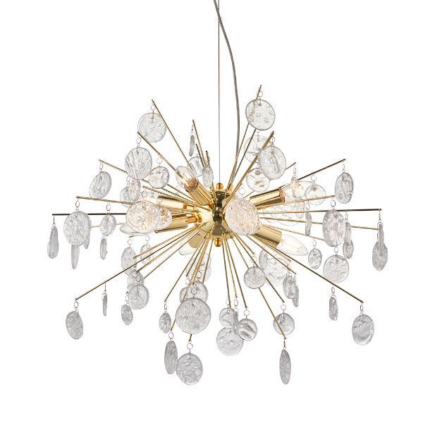 Złota lampa wisząca Calla z szklanymi wisiorkami