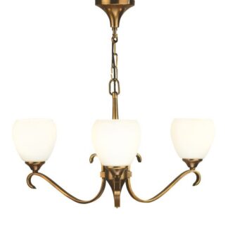 Żyrandol Columbia od Interiors z trzema żarówkami i kloszami z mlecznego szkła